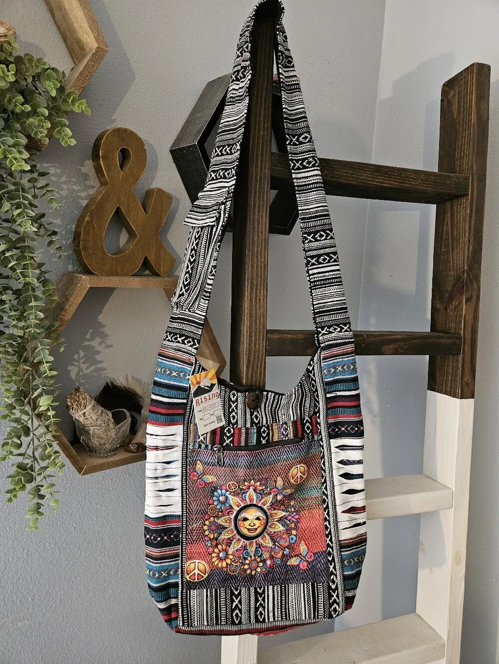 NWT Rising International Boho Sun & Peace Sign Crossbody Bag - Made in Nepal